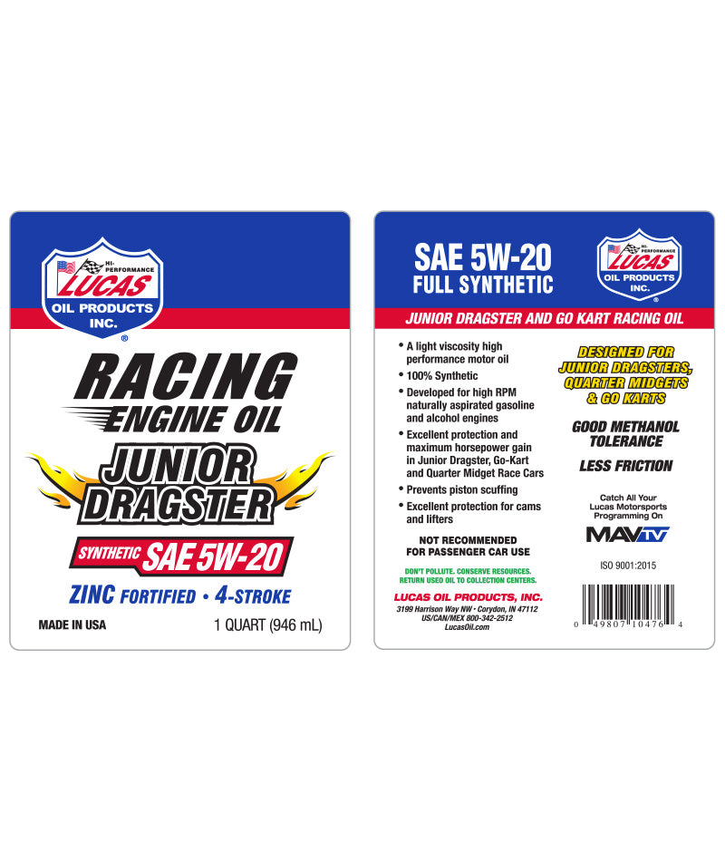 Lucas Oil - Synthetic SAE 5w-20 - Junior Dragster Racing Oil - 10476 - 1 Quart