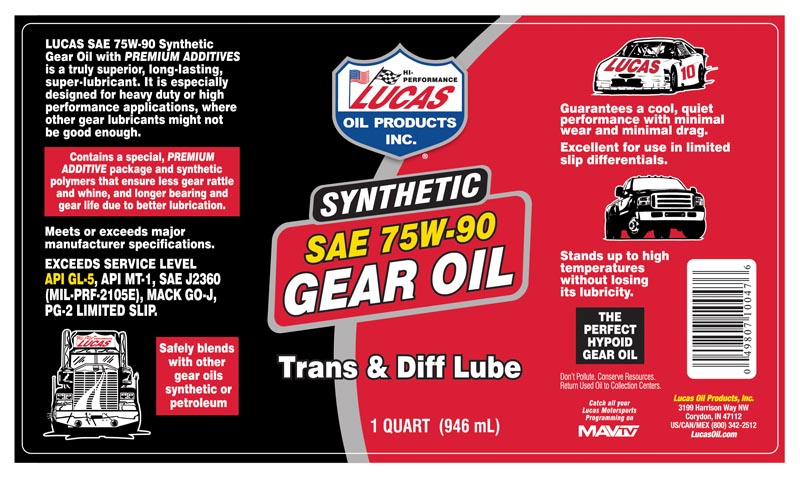 Lucas Oil - Synthetic SAE 75W-90 Gear Oil - 10047 - 1 Quart