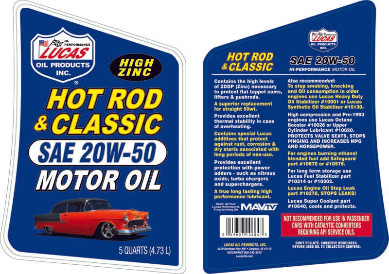 Lucas Oil - Hot Rod & Classic Car 20W-50 Motor Oil - 10684 - 5 Quart