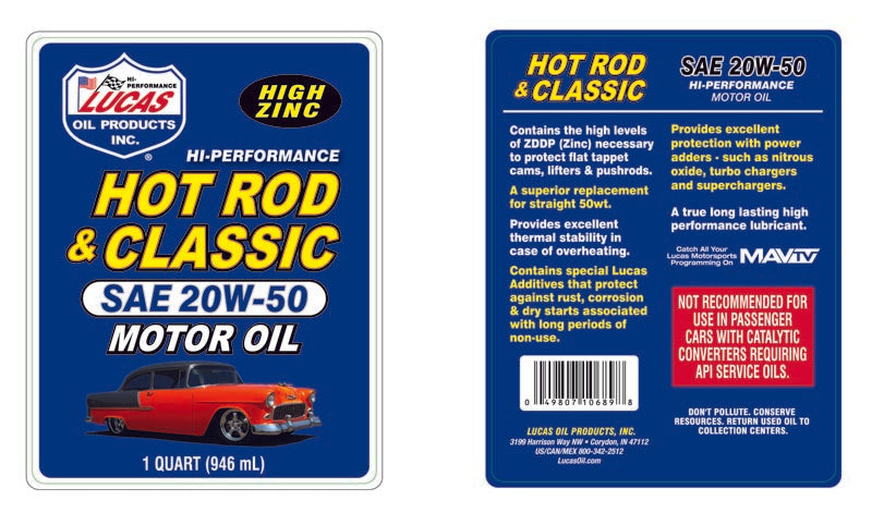 Lucas Oil - Hot Rod & Classic Car 20W-50 Motor Oil - 10689 - 1 Quart