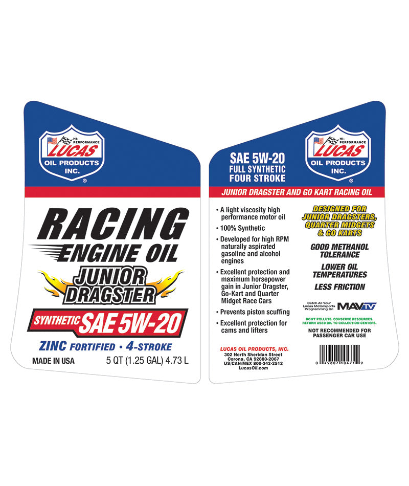 Lucas Oil - Synthetic SAE 5w-20 - Junior Dragster Racing Oil - 10471 - 5 Quart
