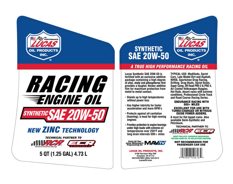 Lucas Oil - Synthetic SAE 20W-50 - Racing Only Motor Oil - 10616 - 5 Quart