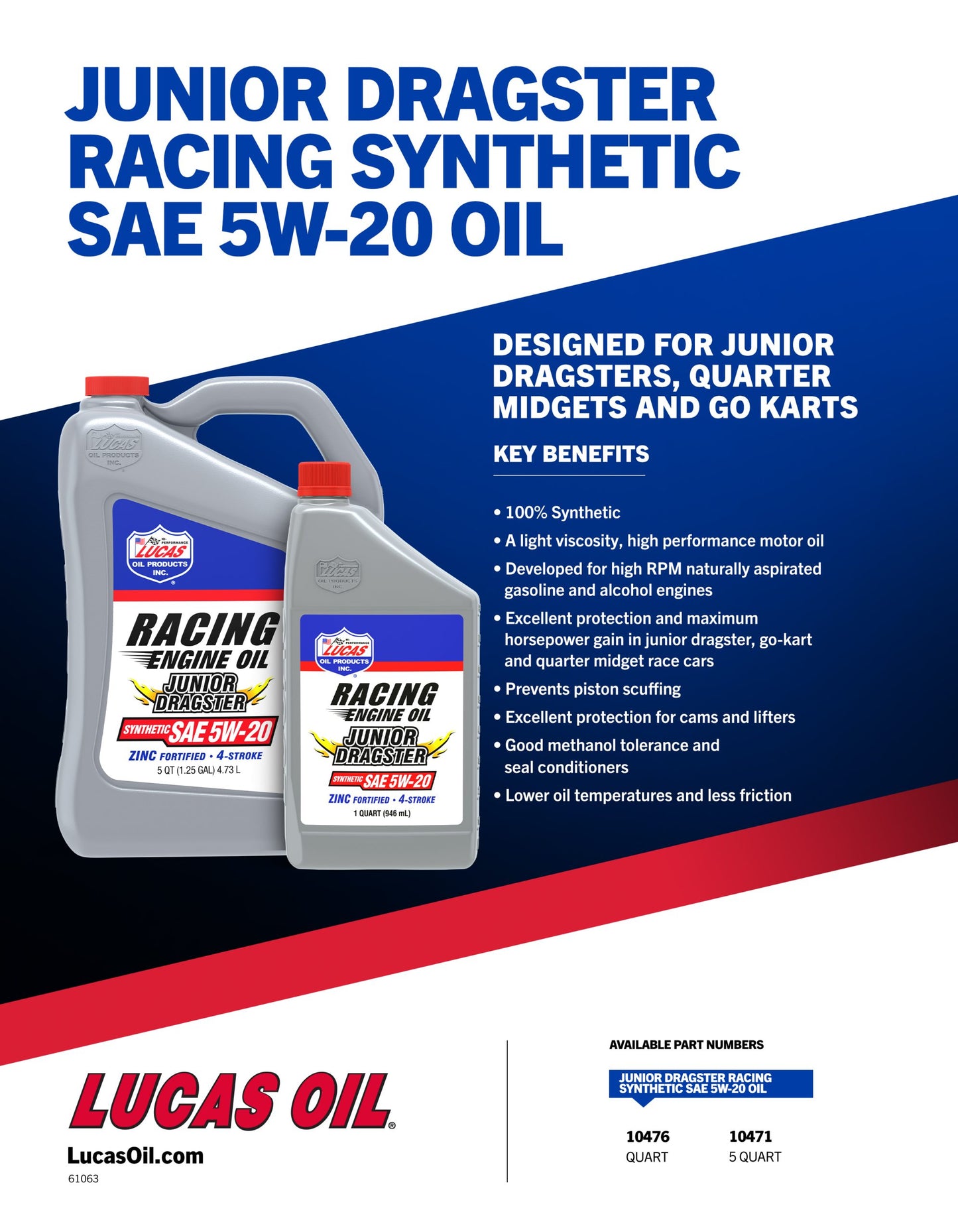 Lucas Oil - Synthetic SAE 5w-20 - Junior Dragster Racing Oil - 10476 - 1 Quart
