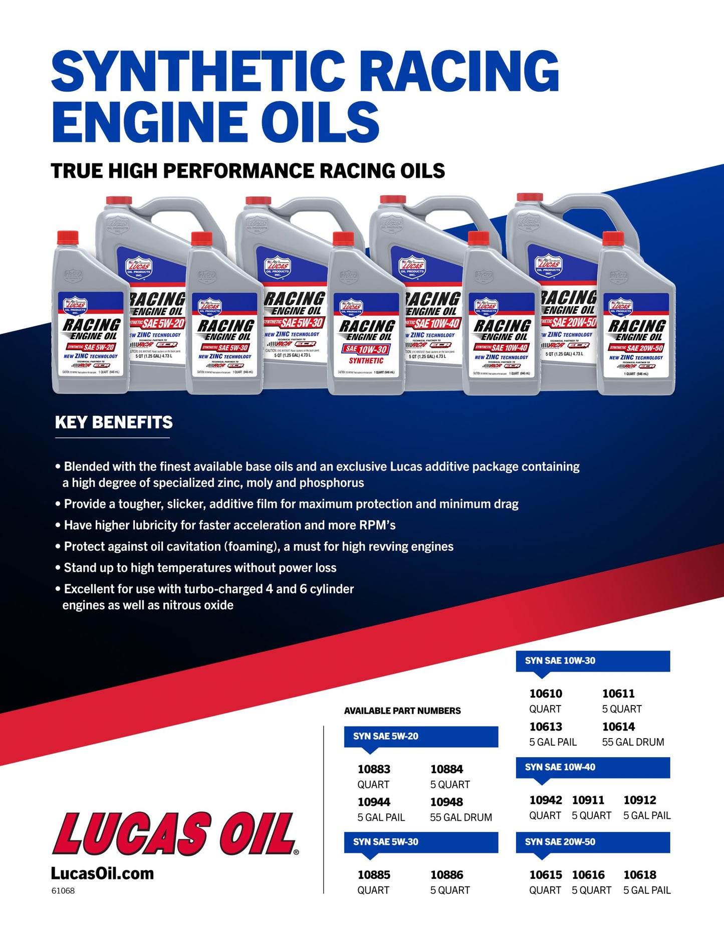 Lucas Oil - Synthetic SAE 20W-50 - Racing Only Motor Oil - 10616 - 5 Quart